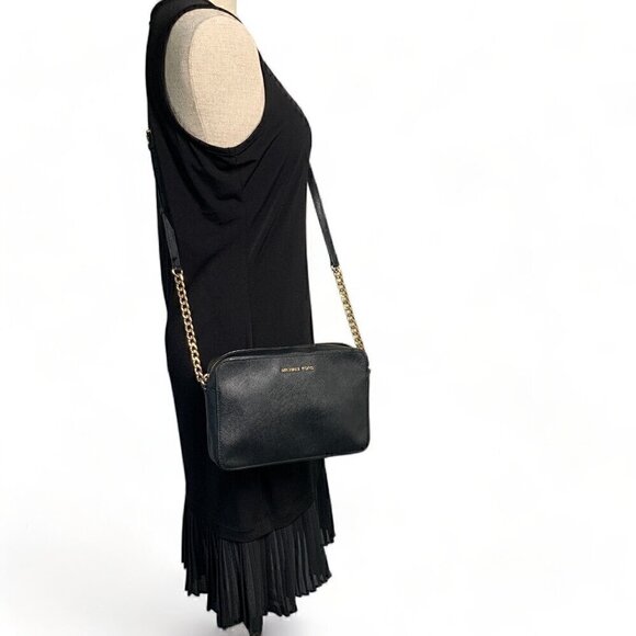 MICHAEL KORS Leather Jet Set East West Crossbody Bag With Chain Strap Black/Gold - Picture 12 of 13